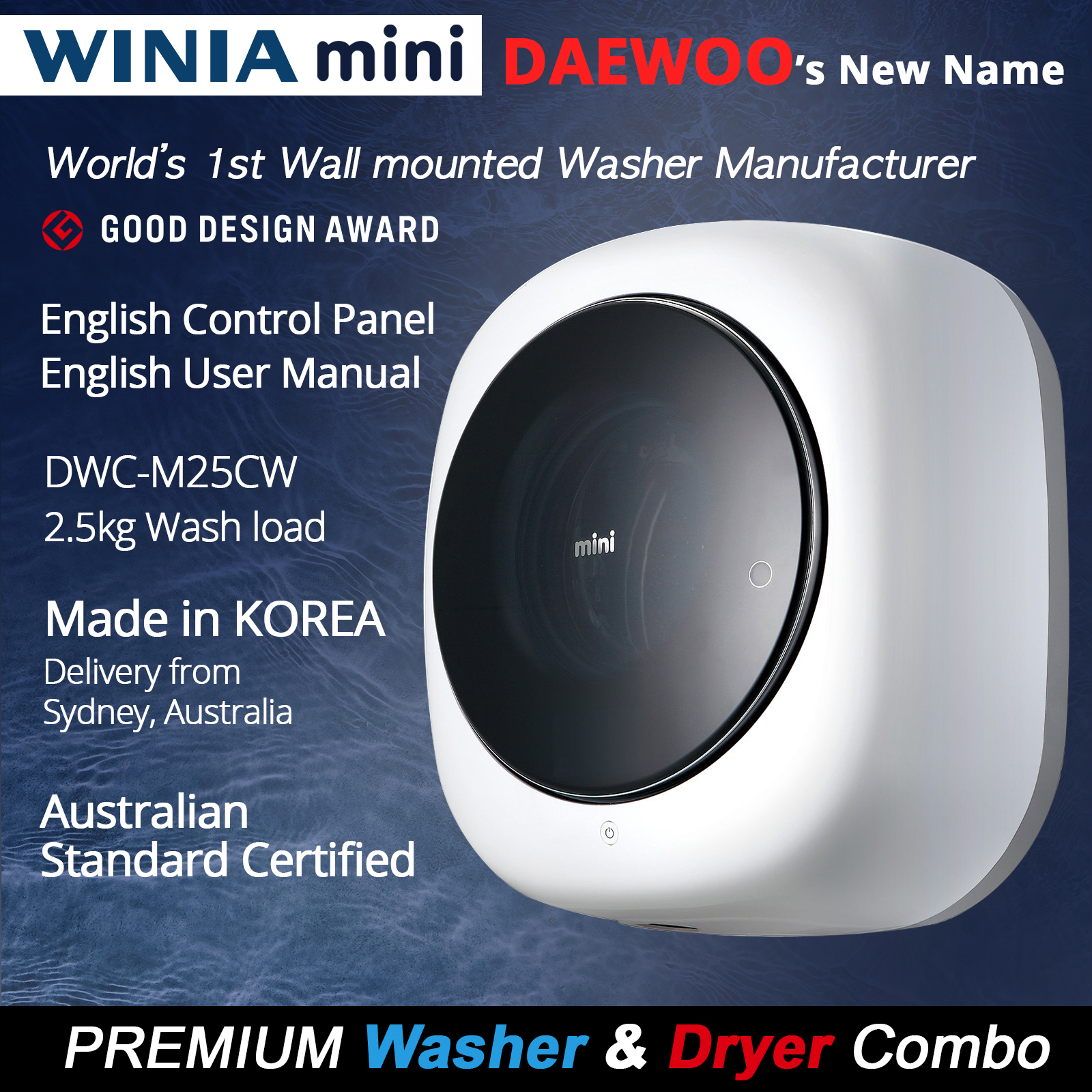 Winia (Daewoo) 2.5kg Wall Mounted Mini Washing Machine & Dryer Combo, 240V Winia (Daewoo