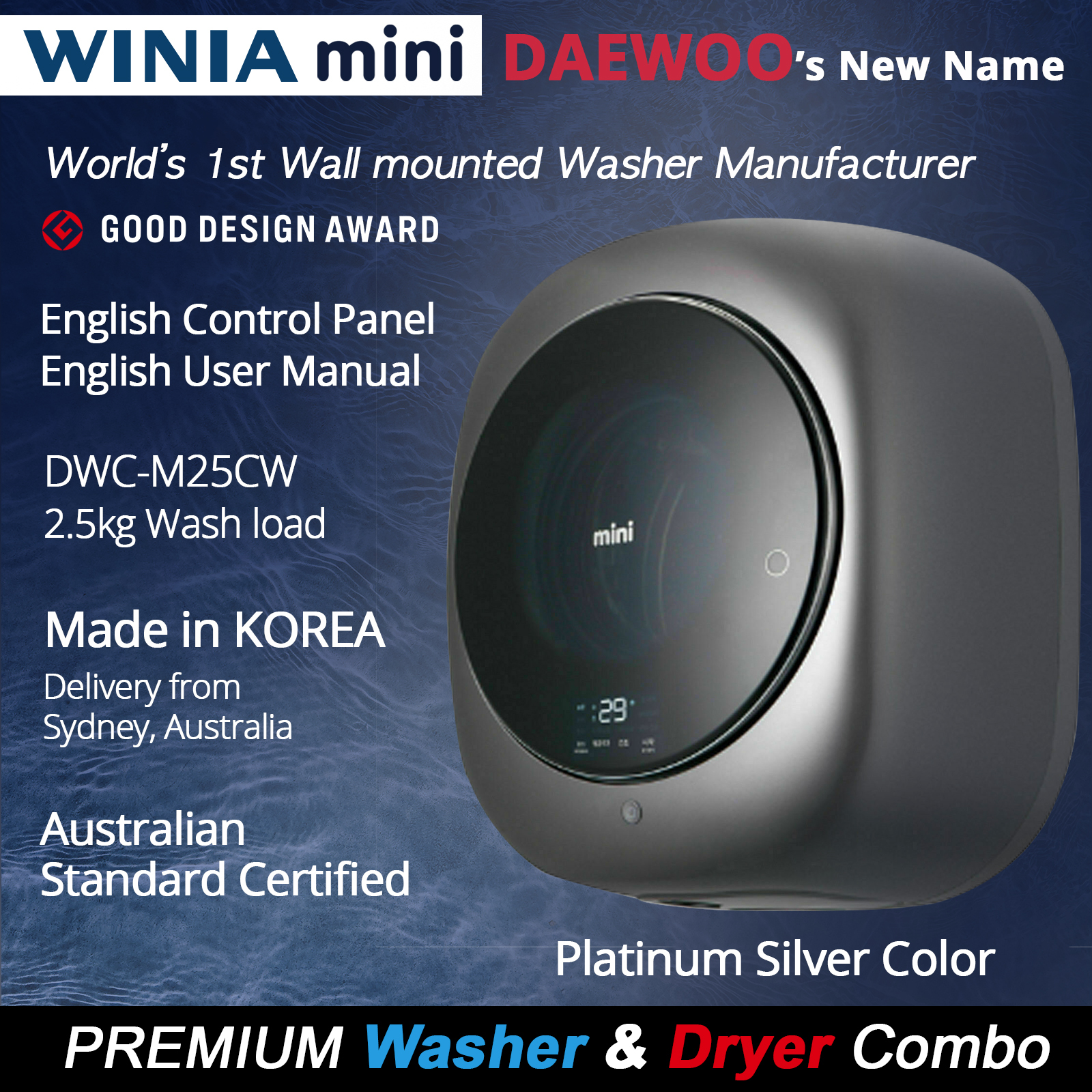 Winia (Daewoo) 2.5kg Wall Mounted Mini Washing Machine & Dryer Combo
