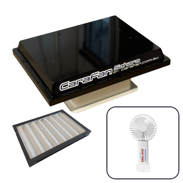 CaraFan Sahara 12V CP700 Black Caravan Pressuriser with Replacement Filter Washable Bundle