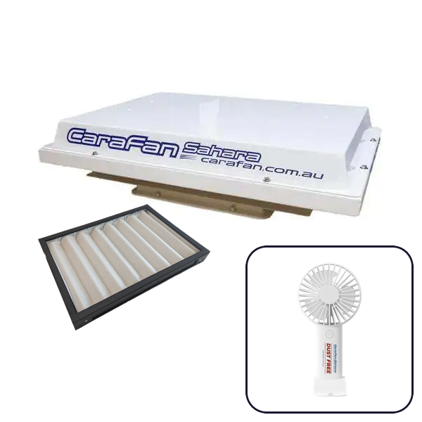CaraFan Sahara 12V CP700 White Caravan Pressuriser with Replacement Filter Washable Bundle