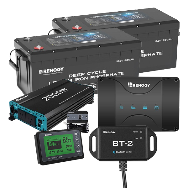Renogy 2 x 200Ah Lithium Battery, 50A DC-DC Charger, 2000W Inverter & Bluetooth Module and 500A Renogy Battery Monitor