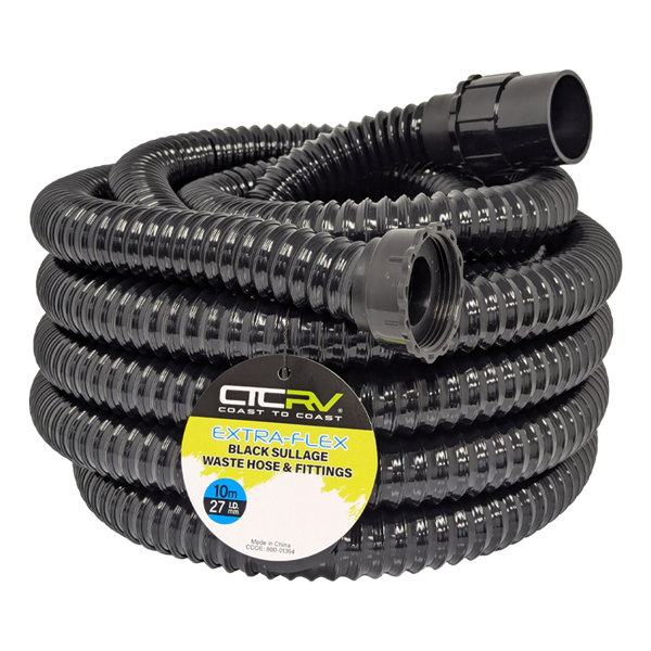 Coast RV 10m Roll Black Extra-Flex Sullage Waste Hose with 40mm Fittings, 27mm I.D.