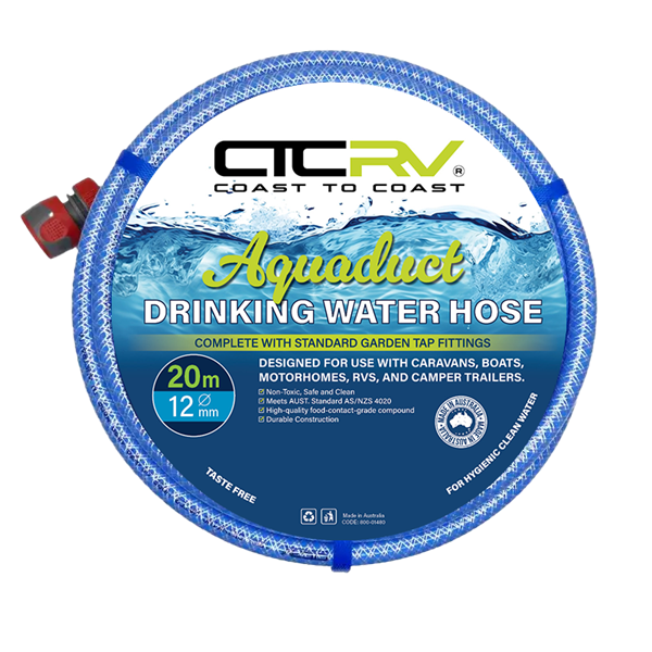 Coast RV Aquaduct 20m Blue Drinking Water Hose with Kit Fittings, 12mm