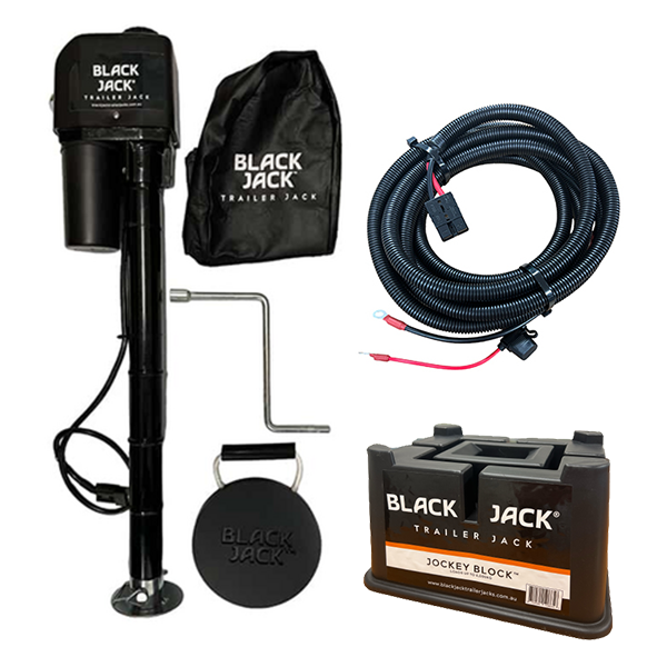 Black Jack MINI Electric Trailer Jack Bundle with Harness kit & Jockey Block