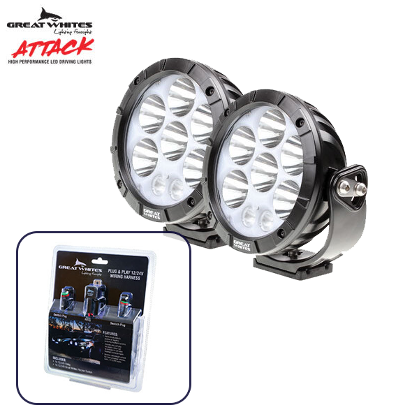 Great Whites Attack 2 x 170 Series Round LED Driving Light with 12/24V Wiring Harness