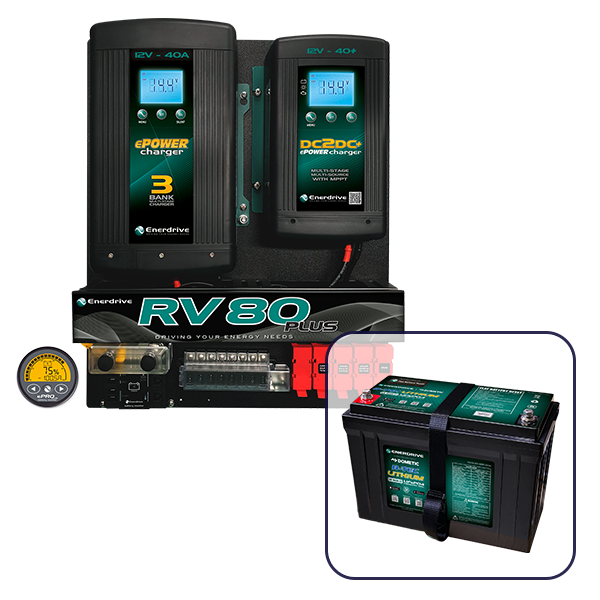 Enerdrive 40A AC & DC RV80 DIY Installation Kit, with ePRO Plus Monitor, Fuse Block & 100Ah B-TEC Lithium Battery