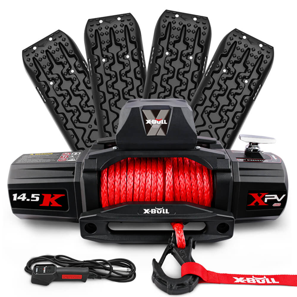 X-BULL 14500LB / 6577kg 12V Synthetic Rope Electric Winch with Black Recovery Tracks 4 Pack
