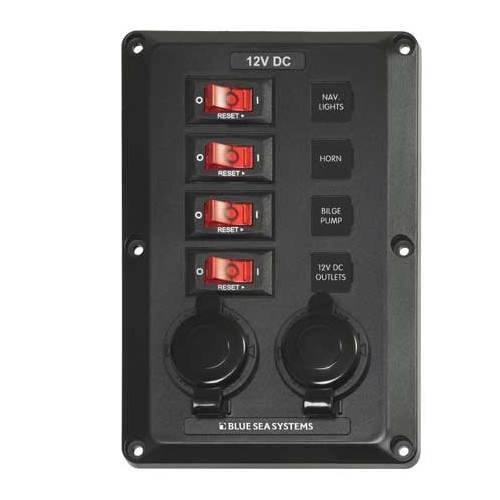 Blue Sea 4 Position with 12V Sockets, BelowDeck Circuit Breaker Panel