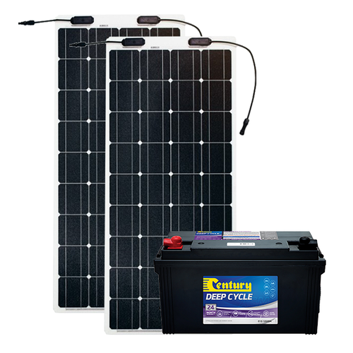 Century 125Ah AGM Deep Cycle Battery, 2 x eArc 100W Flexible Solar Panel