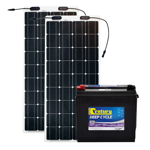 Century 140Ah AGM Deep Cycle Battery, 2 x eArc 100W Flexible Solar Panel