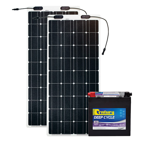 Century 75Ah AGM Deep Cycle Battery, 2 x eArc 100W Flexible Solar Panel