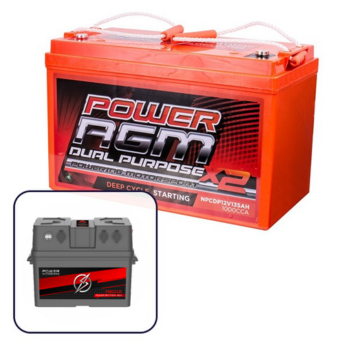 Power AGM 12V 135Ah Dual Purpose Battery Bundle with Portable Multi-Function Battery Box with LED light
